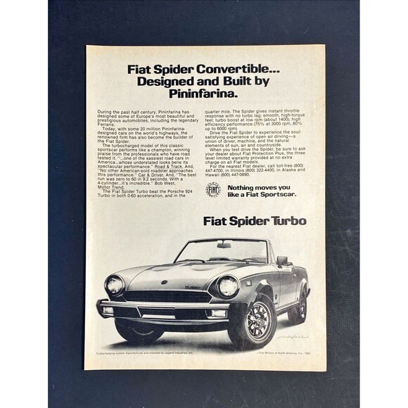 Fiat Spider Turbo Convertible "Designed & Built by Pininfarina"Vtg Print Ad 1982 - Picture 3 of 3